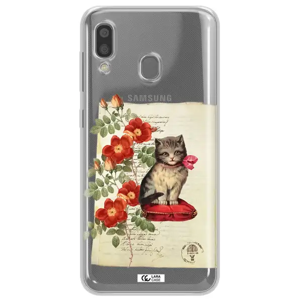 a cat on a pillow with flowers Samsung A20 Clear TPU Case