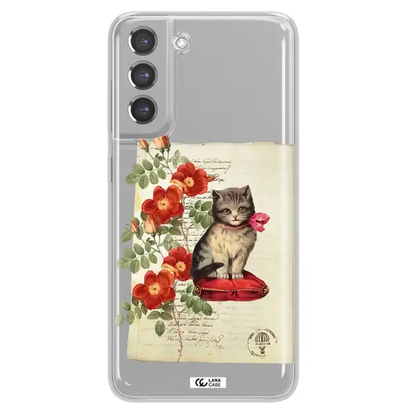 a cat on a pillow with flowers Samsung A21 Fe Clear TPU Case
