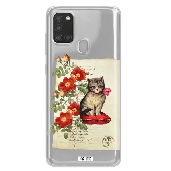 a cat on a pillow with flowers Samsung A21S Clear TPU Case