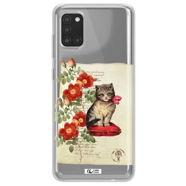 a cat on a pillow with flowers Samsung A31 Clear TPU Case