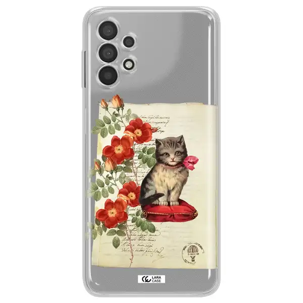 a cat on a pillow with flowers Samsung A32 Clear TPU Case