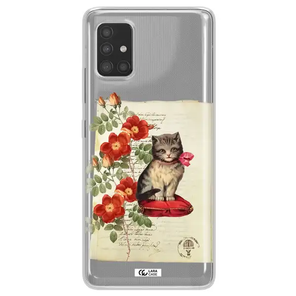 a cat on a pillow with flowers Samsung A51 Clear TPU Case