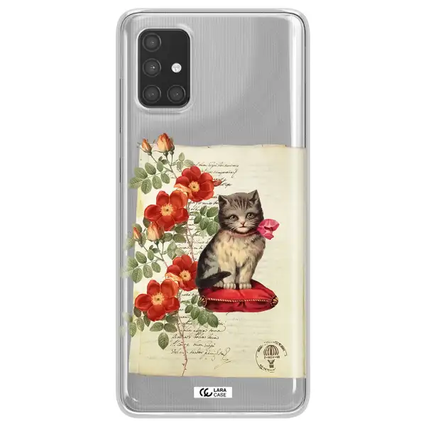 a cat on a pillow with flowers Samsung A71 Clear TPU Case
