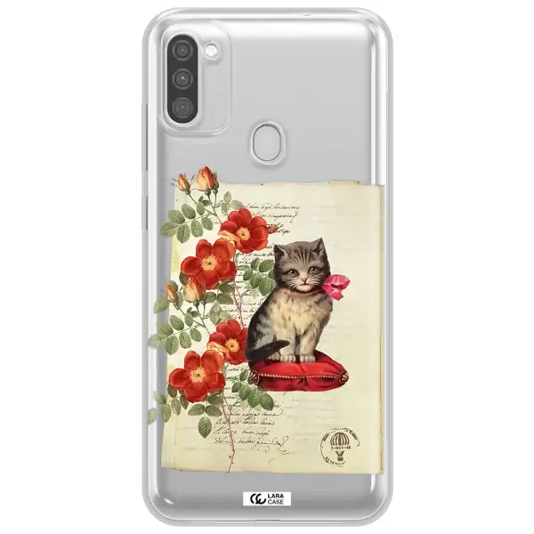 a cat on a pillow with flowers Samsung M11 Clear TPU Case