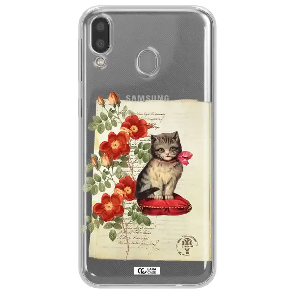 a cat on a pillow with flowers Samsung M20 Clear TPU Case
