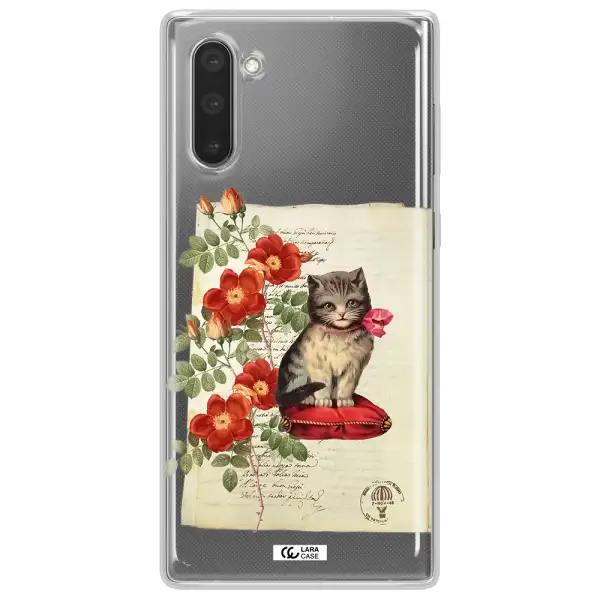a cat on a pillow with flowers Samsung Note 10 Clear TPU Case