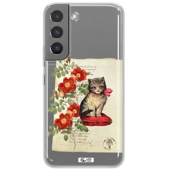 a cat on a pillow with flowers Samsung S 22 Clear TPU Case