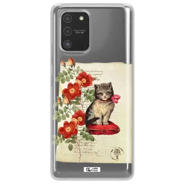 a cat on a pillow with flowers Samsung S10 Lite Clear TPU Case