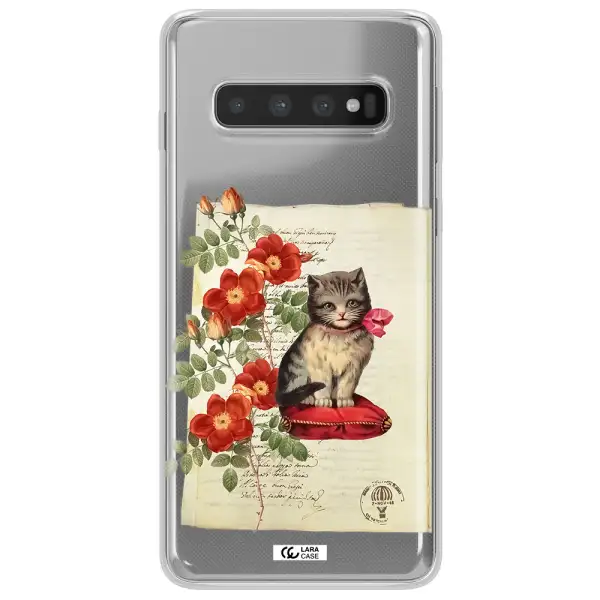 a cat on a pillow with flowers Samsung S10 Plus Clear TPU Case