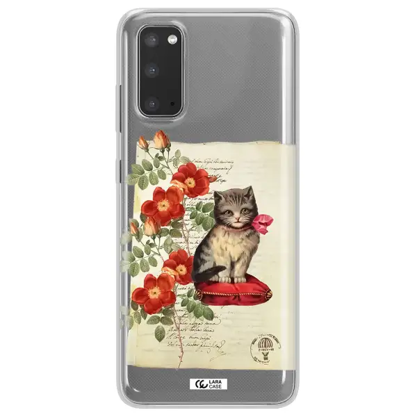 a cat on a pillow with flowers Samsung S20 Clear TPU Case