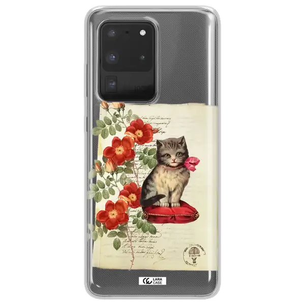 a cat on a pillow with flowers Samsung S20 Ultra Clear TPU Case