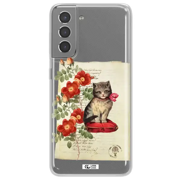 a cat on a pillow with flowers Samsung S21 Plus Clear TPU Case