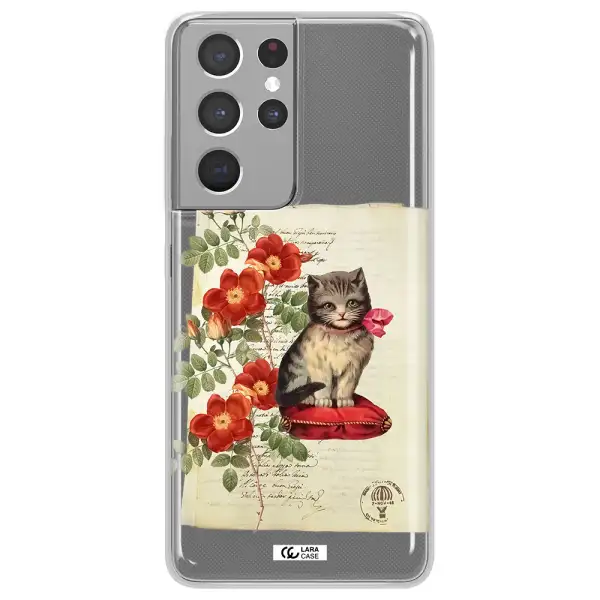a cat on a pillow with flowers Samsung S21 Ultra Clear TPU Case