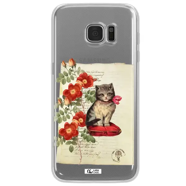 a cat on a pillow with flowers Samsung S7 Edge Clear TPU Case