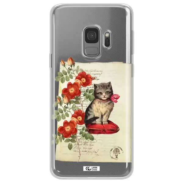 a cat on a pillow with flowers Samsung S9 Clear TPU Case