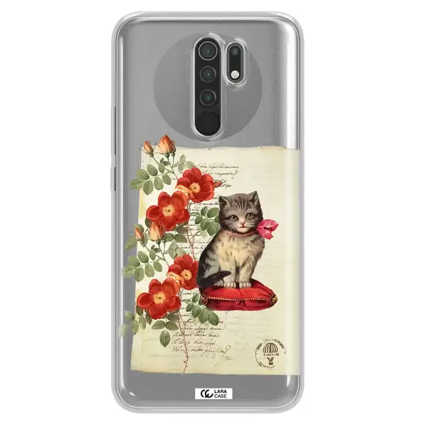 a cat on a pillow with flowers Xiaomi Redmi 9 Clear TPU Case