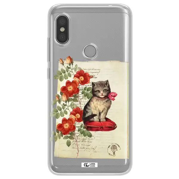 a cat on a pillow with flowers Xiaomi Redmi Note 6 Pro Clear TPU Case