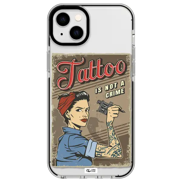 a woman with tattoo on her arm Apple iPhone 14 plus impact black border Case