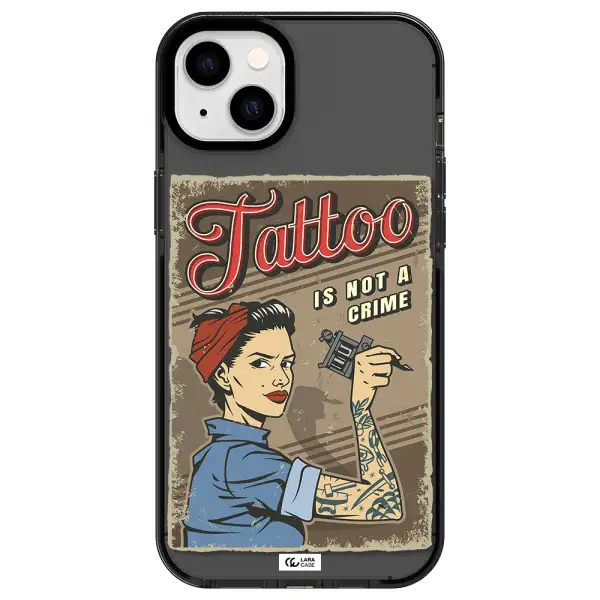 a woman with tattoo on her arm Apple iPhone 14 plus impact Smoke Black Case