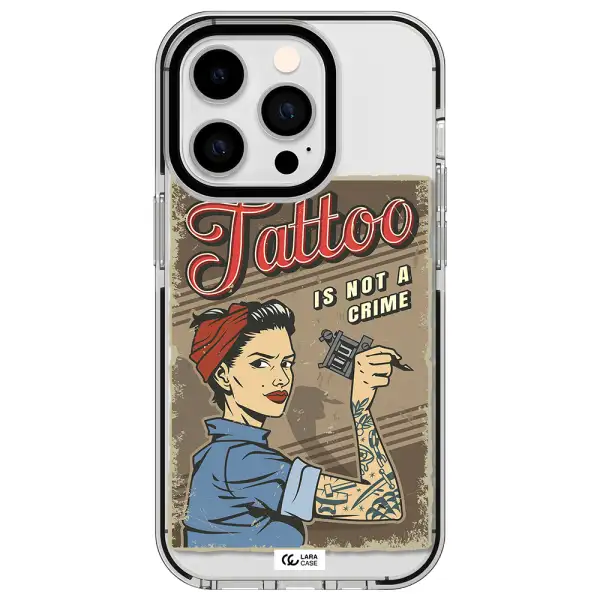 a woman with tattoo on her arm Apple iPhone 14 pro impact black border Case
