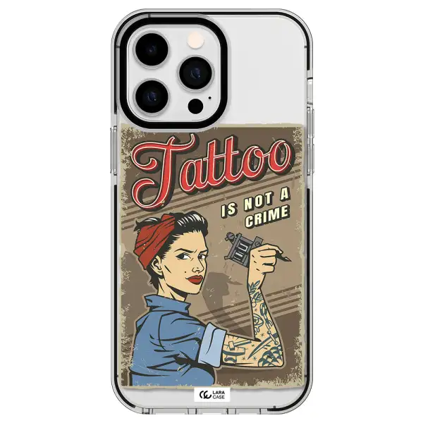 a woman with tattoo on her arm Apple iPhone 14 pro max impact black border Case