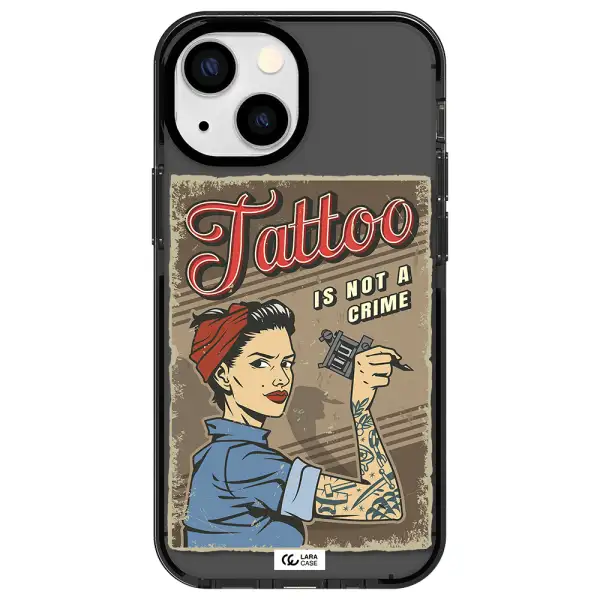 a woman with tattoo on her arm Apple iPhone 15 Plus impact Smoke Black Case