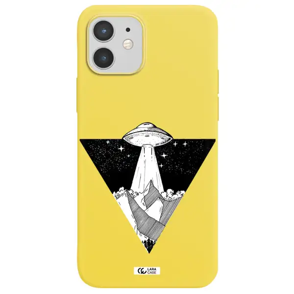 a triangle with a ufo in the sky Apple iPhone 12 Silicone canary yellow Case