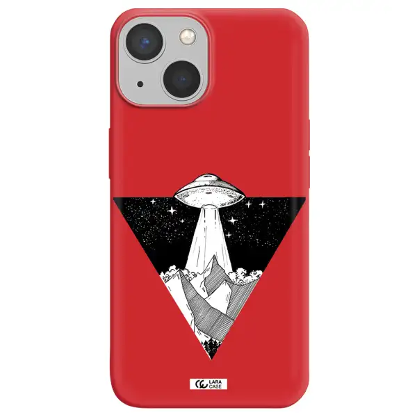 a triangle with a ufo in the sky Apple iPhone 13 mini Silicone Imperial Red Case
