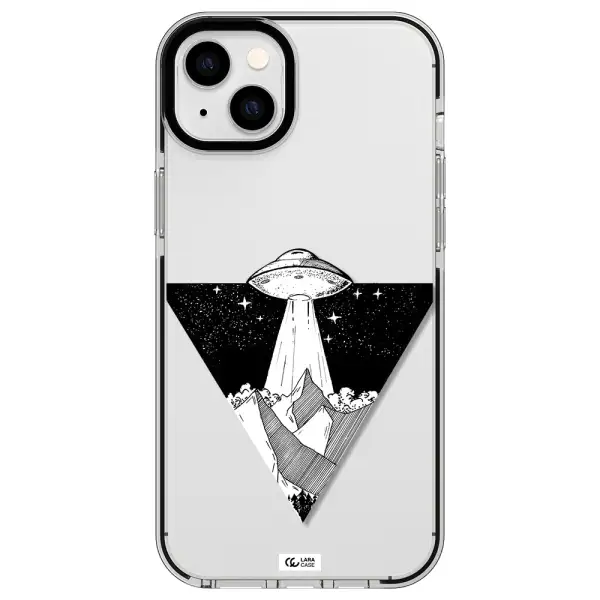 a triangle with a ufo in the sky Apple iPhone 14 plus impact black border Case