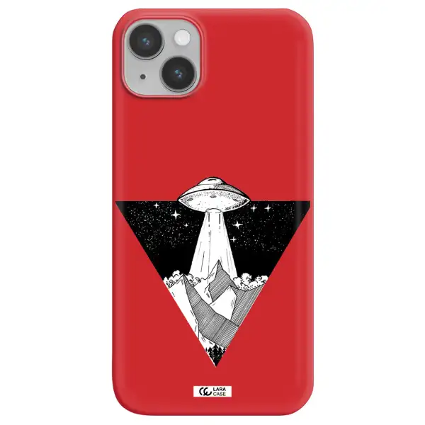 a triangle with a ufo in the sky Apple iPhone 14 Silicone Imperial Red Case