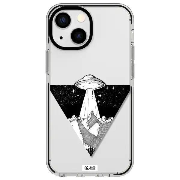 a triangle with a ufo in the sky Apple iPhone 15 Plus impact black border Case