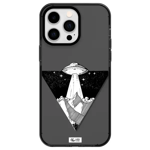 a triangle with a ufo in the sky Apple iPhone 15 Pro impact Smoke Black Case