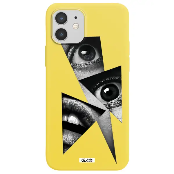 a close-up of a woman's eyes and lips Apple iPhone 12 Silicone canary yellow Case