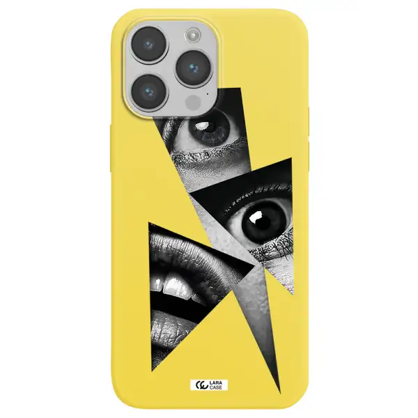 a close-up of a woman's eyes and lips Apple iPhone 14 pro max Silicone canary yellow Case