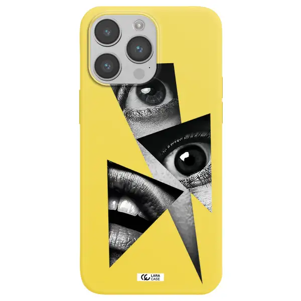 a close-up of a woman's eyes and lips Apple iPhone 14 pro Silicone canary yellow Case