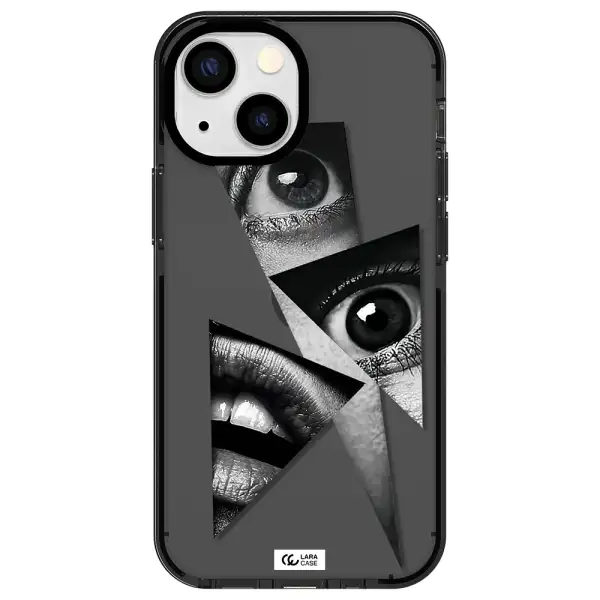 a close-up of a woman's eyes and lips Apple iPhone 15 Plus impact Smoke Black Case