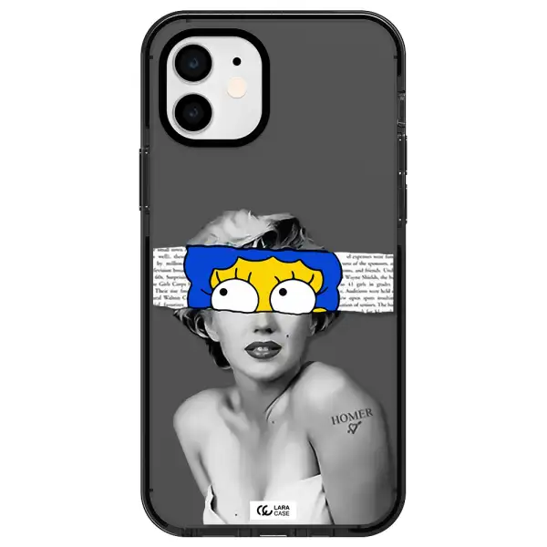 a woman with a cartoon on her head Apple iPhone 12 impact Smoke Black Case