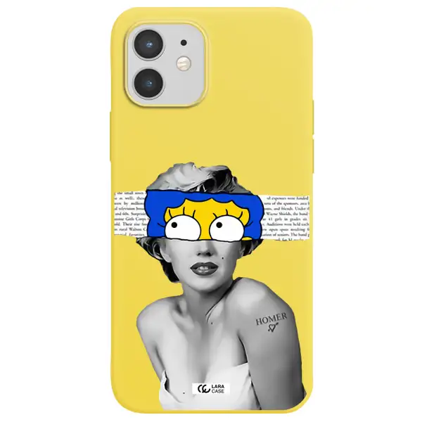 a woman with a cartoon on her head Apple iPhone 12 Silicone canary yellow Case