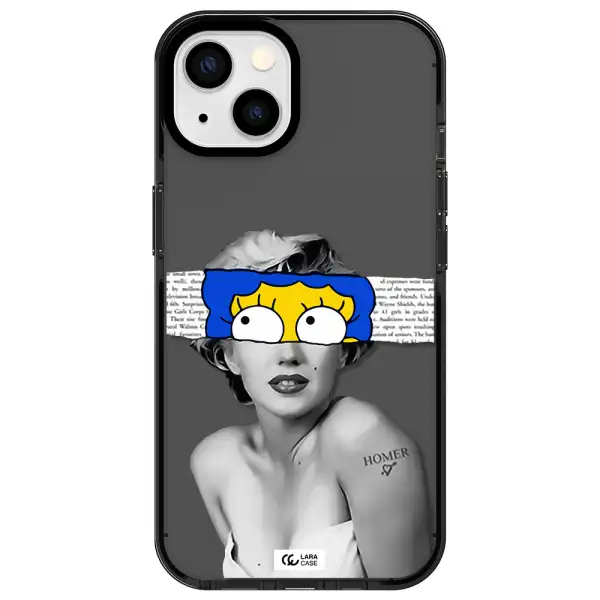 a woman with a cartoon on her head Apple iPhone 13 impact Smoke Black Case