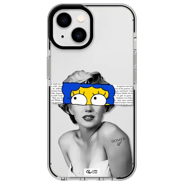 a woman with a cartoon on her head Apple iPhone 14 impact black border Case