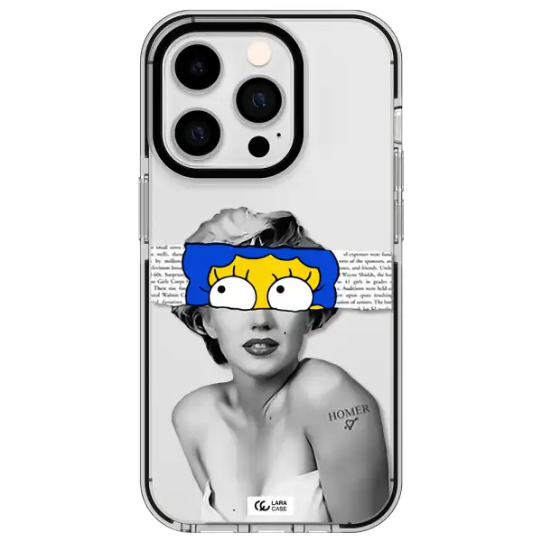 a woman with a cartoon on her head Apple iPhone 14 pro impact black border Case