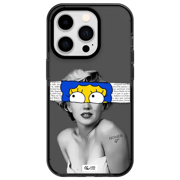 a woman with a cartoon on her head Apple iPhone 14 pro impact Smoke Black Case