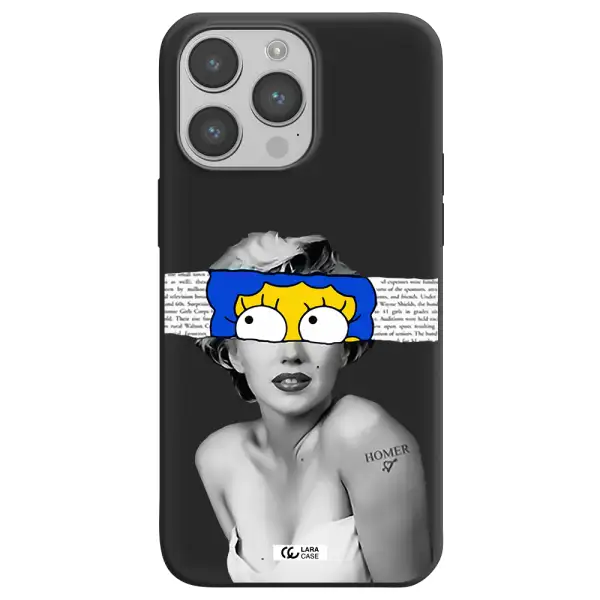 a woman with a cartoon on her head Apple iPhone 14 pro Silicone black Case