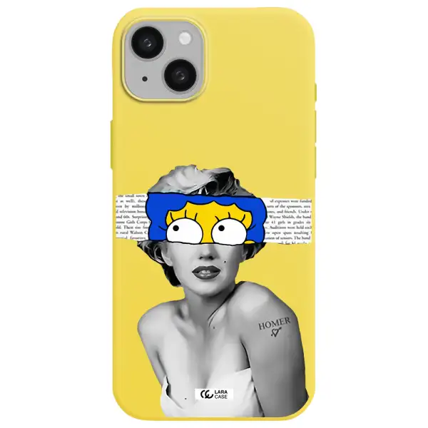 a woman with a cartoon on her head Apple iphone 15 plus Silicone canary yellow Case