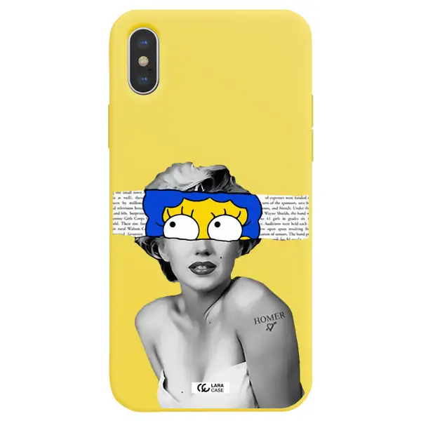 a woman with a cartoon on her head Apple iPhone XS Silicone canary yellow Case