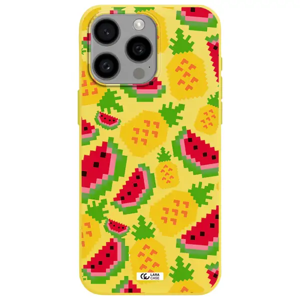 a pattern of watermelon and pineapples Apple Iphone 15 Pro max Silicone canary yellow Case