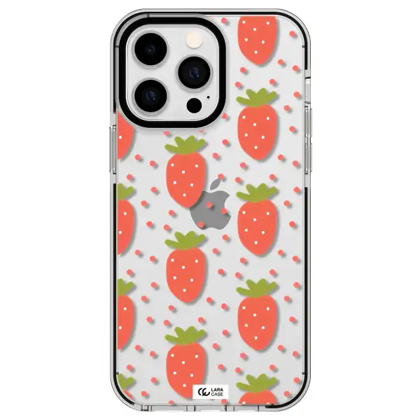 a pattern of strawberries on a white background Apple iPhone 14 pro max impact black border Case