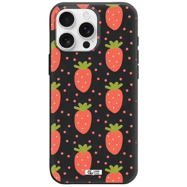 A Pattern Of Strawberries On A White Background Apple Iphone 16 Pro Max Silicone Black Case