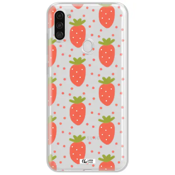 a pattern of strawberries on a white background Samsung A11 Clear TPU Case