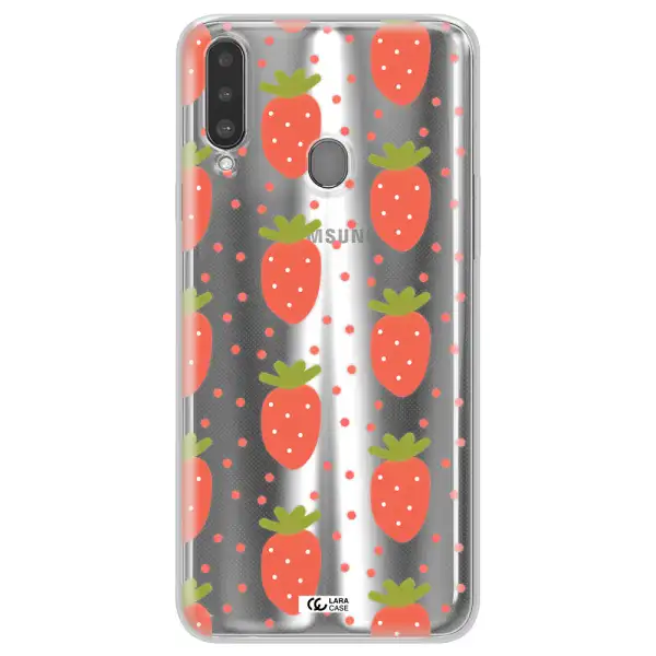 a pattern of strawberries on a white background Samsung A20S Clear TPU Case